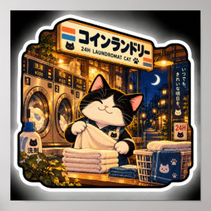 Affiche de chat de laverie 24H Laverie nocturne