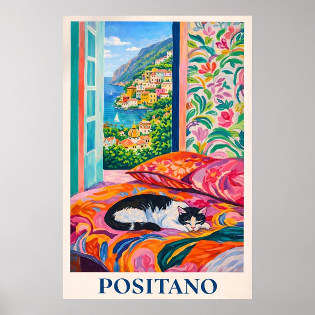 Affiche de chat de Positano, vue sur la fenêtre de (Devant)
