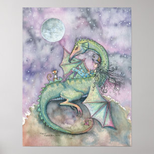 Affiche de chat dragon sorcière contemplant la lun