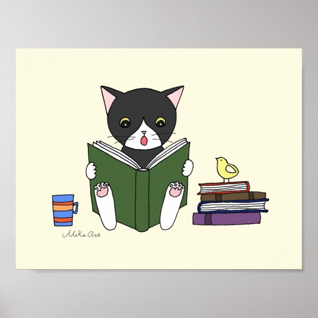 Affiche de chat lisant un livre pour enfants en ma (Devant)