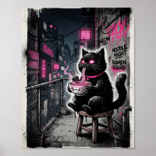 Affiche de chat noir audacieux buvant des ramen ro