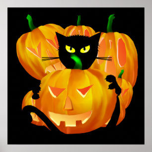 Affiche de chat noir et de citrouilles de