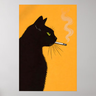 Affiche de chat noir fumant, Art mural de chat rét