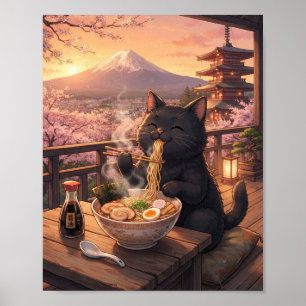 Affiche de chat noir japonais confortable buvant d