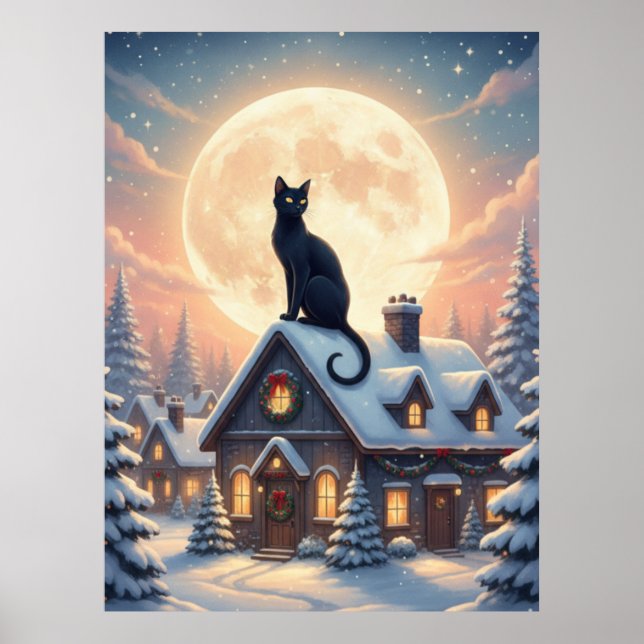 Affiche de chat noir magnifique assis dans les nua (Devant)