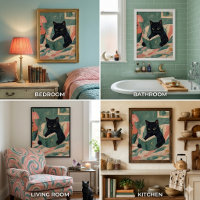Affiche de chat noir vintage drôle lisant un livre