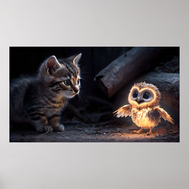 Affiche de chaton et de hibou – L'art fantaisiste  (Devant)