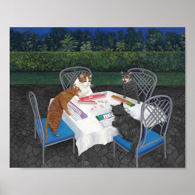 Affiche de chats jouant au Mahjong (Devant)