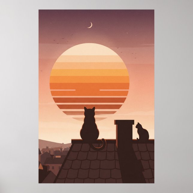 Affiche de chats regardant le coucher de soleil ré (Devant)