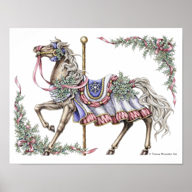 Affiche de cheval de carrousel d'hiver dessinée à  (Devant)