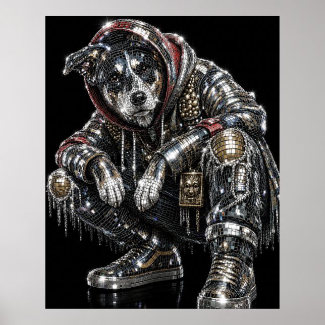 Affiche de chien en mosaïque disco | Art mural mod (Devant)