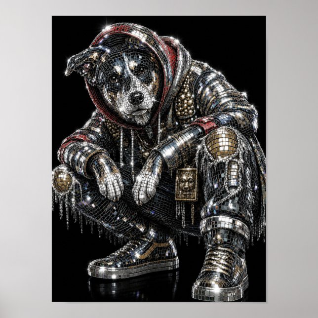 Affiche de chien en mosaïque disco | Art mural mod (Devant)