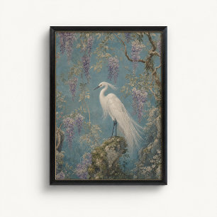 Affiche de chinoiserie Wisteria Héron Blanc
