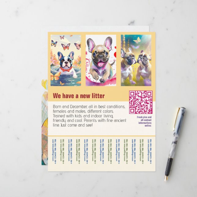 Affiche de chiots à vendre avec QR code orange (Devant/Arrière en situation)