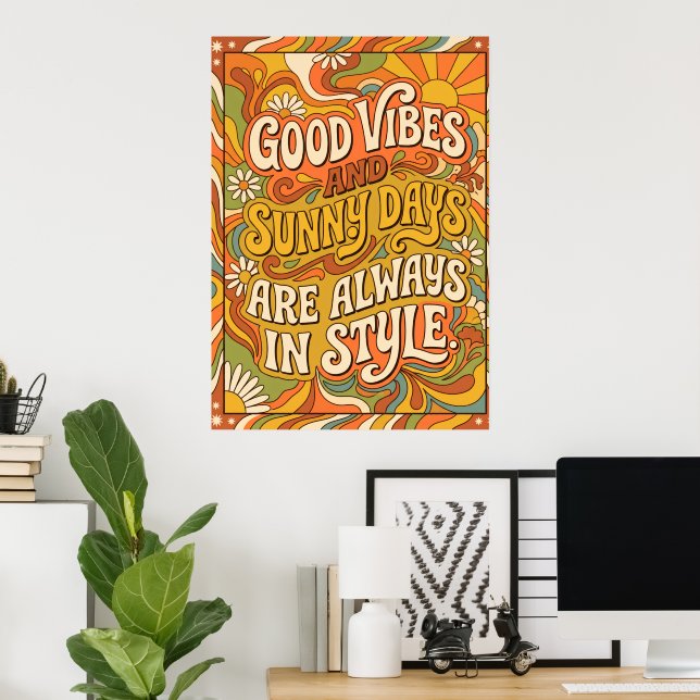 Affiche de citation rétro groovy Good Vibes Sunny  (Bureau à domicile)