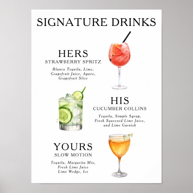 Affiche de cocktail de mariage Boissons Signature (Devant)