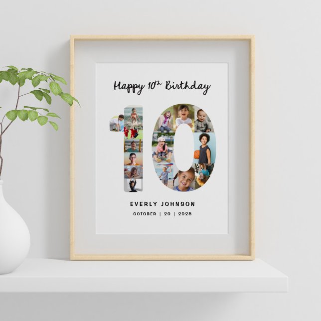 Affiche de collage photo numéro d'anniversaire 10  (10th birthday number photo collage poster 8x10in)