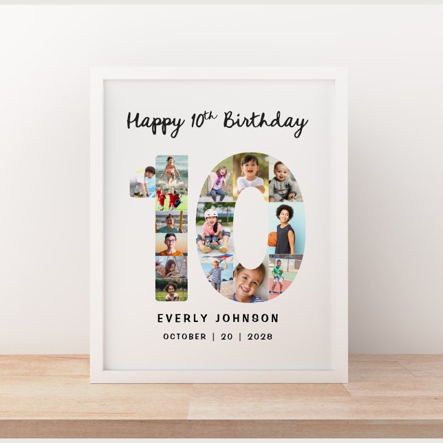 Affiche de collage photo numéro d'anniversaire 10  (10th birthday number photo collage 16x20 inches
)