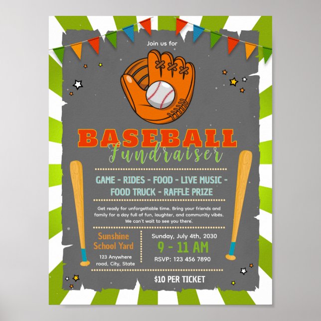 Affiche de collecte de fonds mignonne de baseball (Devant)