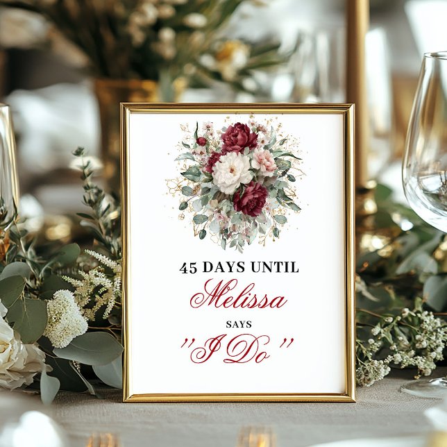 Affiche de compte à rebours de blush bordeaux prem (Premium Blush Burgundy Countdown Sign Poster)