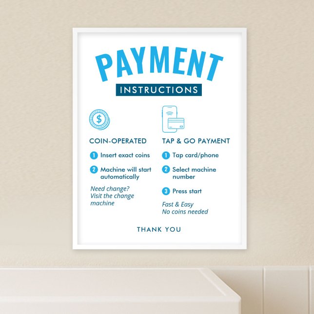 Affiche de consignes de paiement pour laverie auto (modern laundromat payment options and  instructions poster template in blue and white)