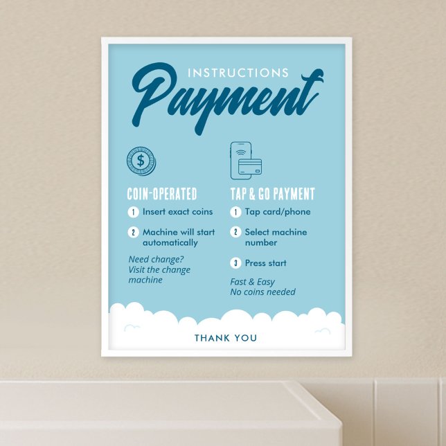 Affiche de consignes de paiement pour laverie auto (Customizable laundromat payment options and  instructions poster template in blue and white)