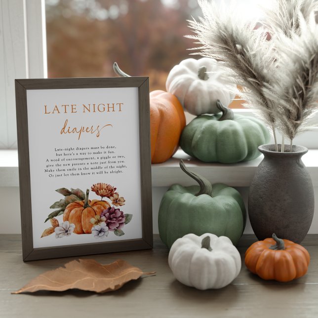 Affiche de couche pour fin de nuit d'automne (Late Night Diapers Game Sign Baby Shower Fall Pumpkins)