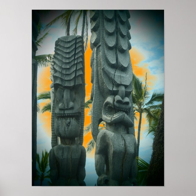 Affiche de coucher de soleil de la statue de tiki  (Devant)