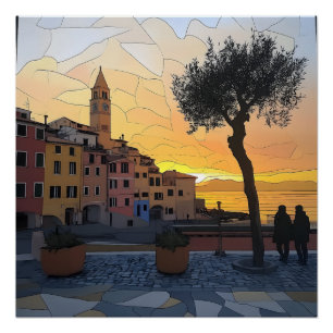 Affiche de coucher de soleil ligure - Style vitrai