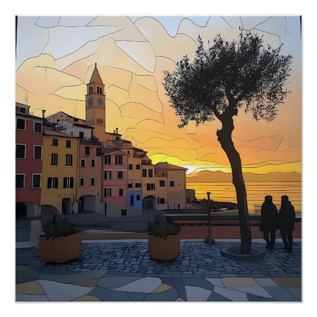 Affiche de coucher de soleil ligure - Style vitrai (Devant)