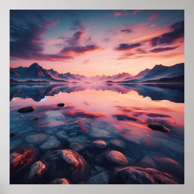 Affiche de coucher de soleil sur le lac tranquille (Devant)
