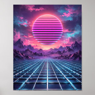 Affiche de coucher de soleil Vaporwave — Grille de