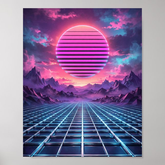 Affiche de coucher de soleil Vaporwave — Grille de (Devant)