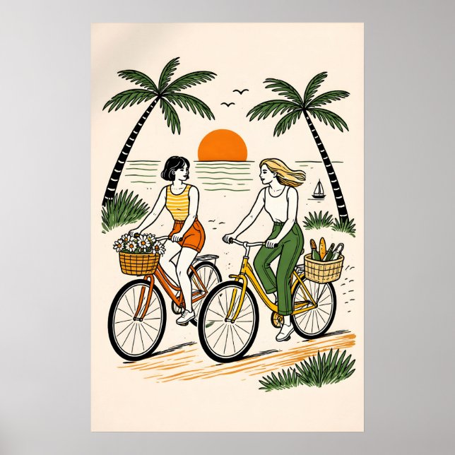 Affiche de couple à vélo sur la plage rétro, Été c (Devant)