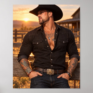 Affiche de Cowboy au Coucher de Soleil avec Médail