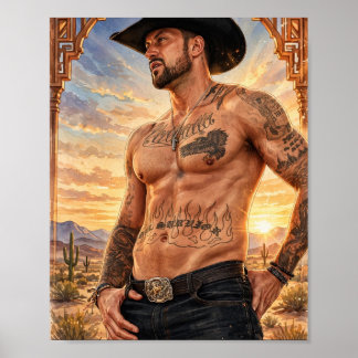 Affiche de cowboy au coucher du soleil avec chapea