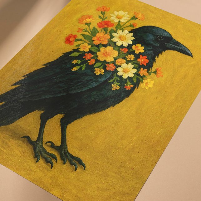 Affiche De Crow Pour Le Découpage De Mobilier Ou D (Autumn themed crow with flowers poster for wall art or furniture decoupage.)