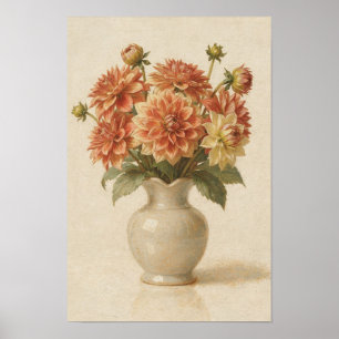 Affiche de dahlias corail dans un vase d'ivoire