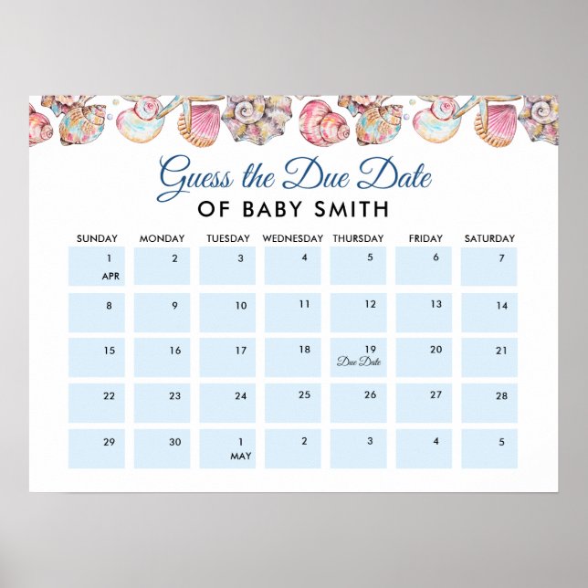 Affiche de date prévue pour Baby Shower Coquillage (Devant)