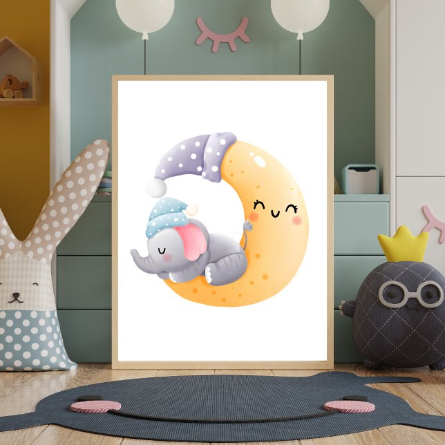 Affiche de décoration de nurserie éléphant endormi (Elephant Sleeping in Moon Nursery Wall Art Decor Poster. Baby shower gift, baby gift)