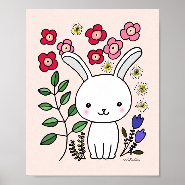Affiche de décoration de nursery Lapin Mignon Fleu (Devant)