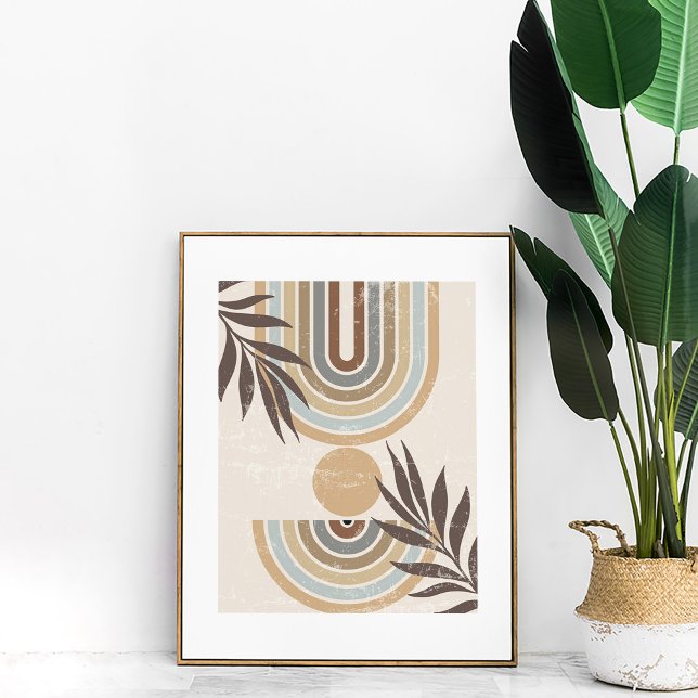 Affiche de décoration murale abstraite de feuille  (Boho Neutral Abstract Rainbows and Leaves Wall Art in a neutral frame next to a large boho plant.)