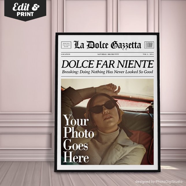 Affiche de décoration murale journal personnalisé  (Custom Trendy Newspaper Print, Dolce Far Niente, La Dolce Vita, Italian Summer Wall Art)