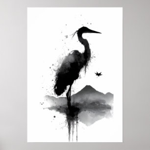 Affiche de décoration murale zen de la grue Sumi-e