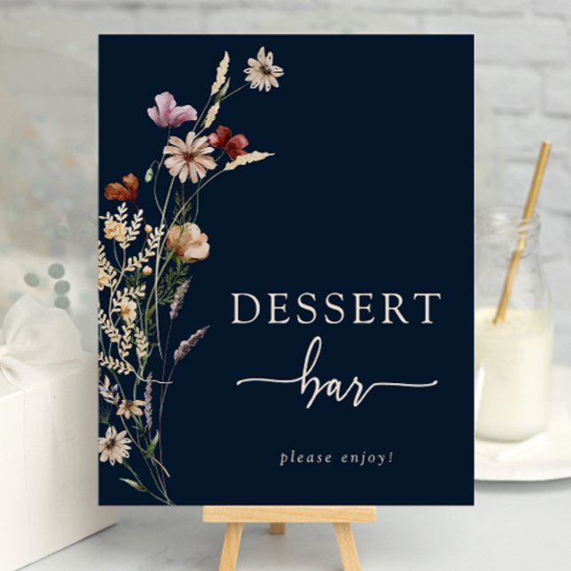 Affiche de dessert floral boho marine (Navy Blue Boho Floral Dessert Bar Poster by Painted Paperie
)
