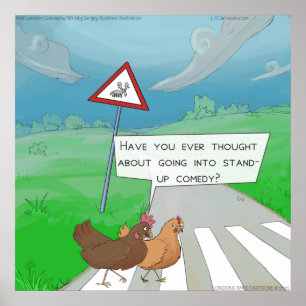Affiche de dessin animé de poules drôles traversan