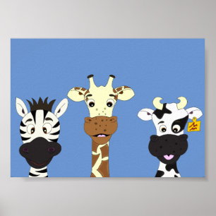 Affiche de dessin animé vache girafe zèbre drôle p