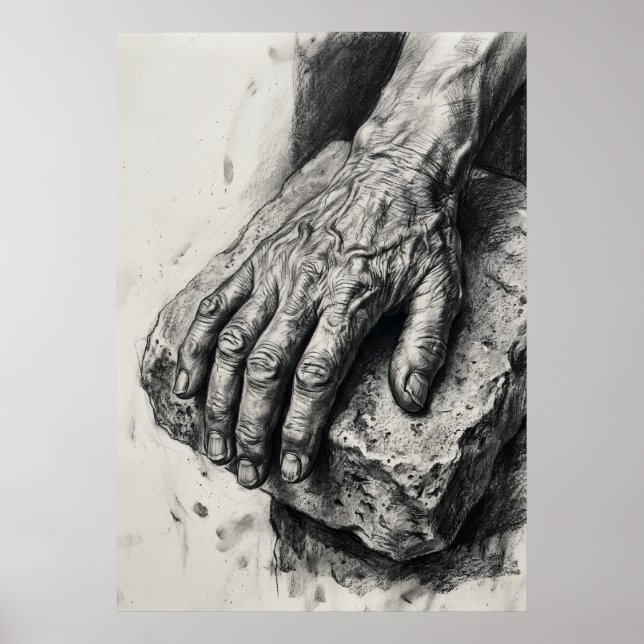 Affiche de dessin au fusain de mains âgées | Étude (Devant)