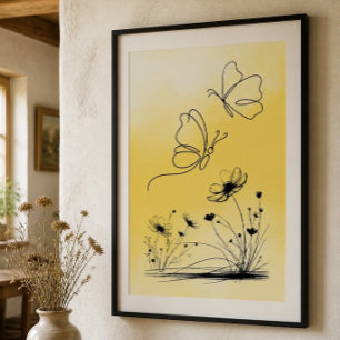 Affiche de dessin au trait de papillon jaune