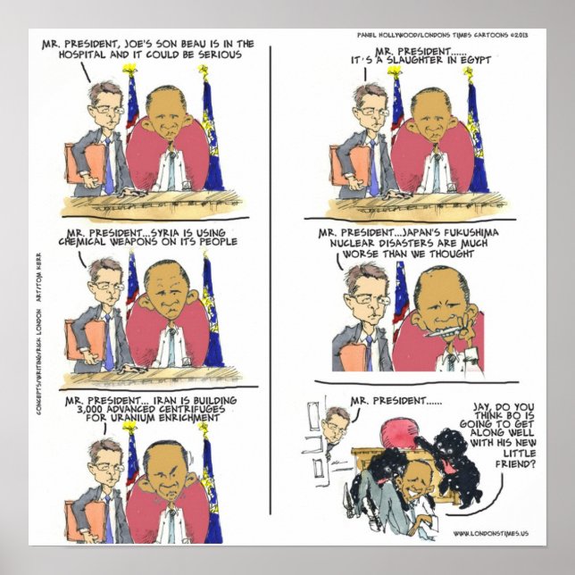 Affiche de dessin éditorial drôle d'Obama et Bo (Devant)
